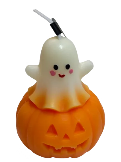Boo! candle: a cheerful ivory ghost with its arms up, sitting on top of an orange jack-o'-lantern