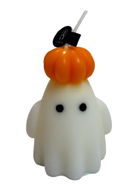 Pumpkin Head candle: an ivory ghost with a small orange pumpkin on its head